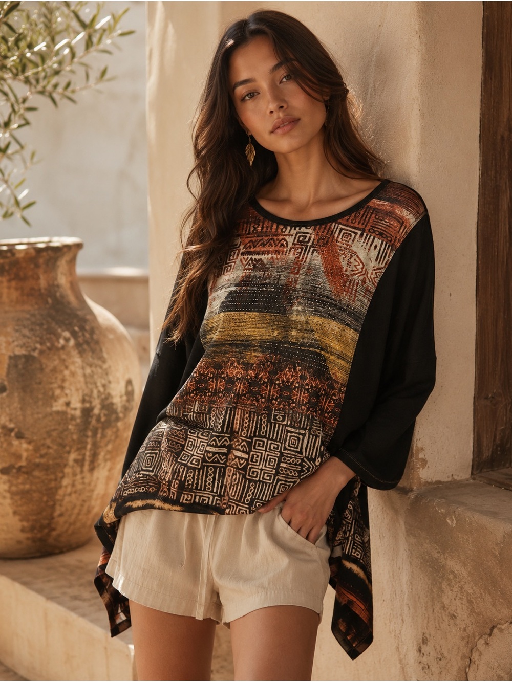 897. Bohemian Printed Black Panel Long-Sleeve Top